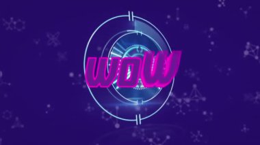 Yuvarlak tarayıcı ve mavi arkaplanda moleküler yapılar üzerinde wow metin afişi animasyonu. Video oyunu arayüzü teknolojisi kavramı