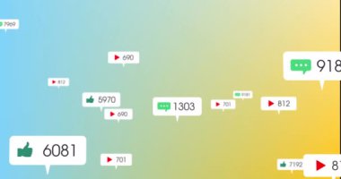 Sarı ve mavi gradyan arkaplanda yüzen sosyal medya simgelerinin animasyonu. Sosyal medya ağı ve iş teknolojisi kavramı