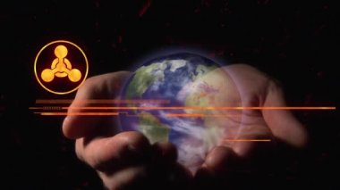 Kavrulmuş ellerin üzerinde dönen dünyaya karşı kırmızı uyarı afişi. Küresel acil durum ve güvenlik kavramı