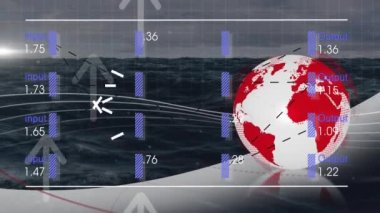 Veri işleme ve dönen küre ile deniz dalgaları arasındaki arayüzün animasyonu. Bilgisayar arayüzü ve iş teknolojisi kavramı