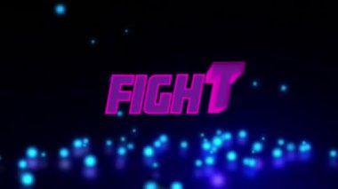 Spot ışıklarının üzerindeki neon yazı savaşının animasyonu. Küresel video oyunu, iletişim, veri işleme, dijital arayüz ve dijital olarak oluşturulmuş görüntü hesaplama kavramı.