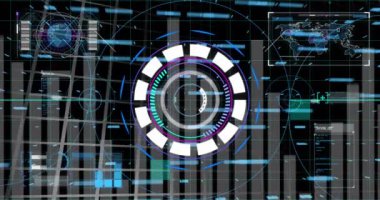 Yuvarlak tarayıcı ile arayüzün animasyonu ve siyah arkaplan ile istatistiksel veri işleme. Bilgisayar arayüzü ve iş teknolojisi kavramı