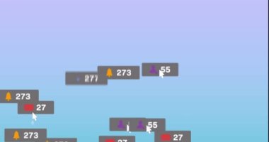 İkonların canlandırılması ve mavi arkaplana karşı mesaj kutularındaki numaraların değiştirilmesi. Dijital olarak üretilen hologram, illüstrasyon, büyüme, bildirim, sosyal medya ve teknoloji kavramı.