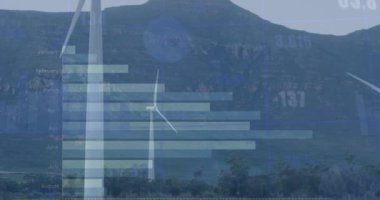 Çayır üzerinde dönen yel değirmenlerine karşı istatistiksel veri işleme animasyonu. İş ve yenilenebilir enerji teknolojisi kavramı