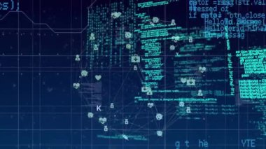 Mavi arka planda dönen tıbbi simgelerin ve veri işlemelerinin animasyonu. Küresel ağ ve iş teknolojisi kavramı