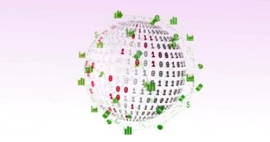 Pembe gradyan arkaplana karşı ikili kodlama dünyasındaki dijital simge ağının animasyonu. Küresel ağ ve iş teknolojisi kavramı