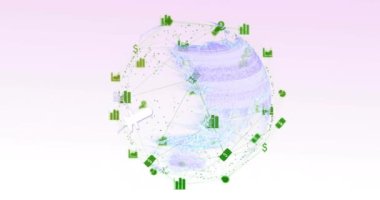 Animation of network of digital icons over spinning globe against pink gradient background. Global networking and business technology concept