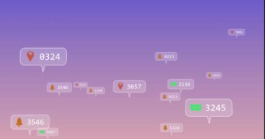 Mor arkaplan üzerinde yüzen sosyal medya simgelerinin animasyonu. Sosyal medya ağı ve iş teknolojisi kavramı