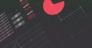Gri arkaplan üzerinden istatistiksel veri işleme animasyonu. Bilgisayar arayüzü ve iş veri teknolojisi kavramı