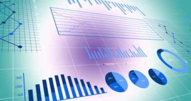 Mavi gradyan arkaplan üzerinde istatistiksel veri işleme animasyonu. Bilgisayar arayüzü ve iş veri teknolojisi kavramı