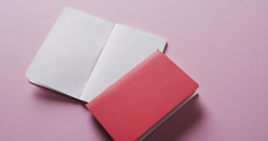 Açık boş kitabı ve arka planda pembe arkaplanı yavaş çekimde kopyalayan kırmızı kapalı kitabı kapat. Edebiyat, okuma ve kitaplar.