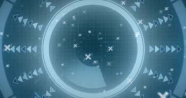 Mavi arkaplan üzerinde yuvarlak tarayıcı ve mikro işlemci bağlantılarının animasyonu. Bilgisayar arayüzü ve iş teknolojisi kavramı