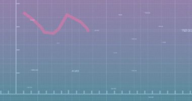 Mor gradyan arka plana karşı ızgara ağı üzerinden istatistiksel veri işleme animasyonu. Bilgisayar arayüzü ve iş veri teknolojisi kavramı