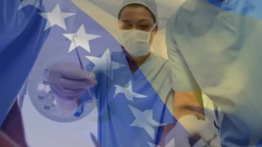 Hastanede ameliyat yapan cerrah takımının üzerinde Bosna ve Herzegovina bayrağı sallama animasyonu. Ulusal Sağlık Teknolojisi Konsepti