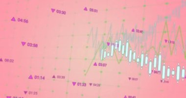 Pembe arka planda ızgara ağı üzerinden istatistiksel veri işleme animasyonu. Bilgisayar arayüzü ve iş veri teknolojisi kavramı