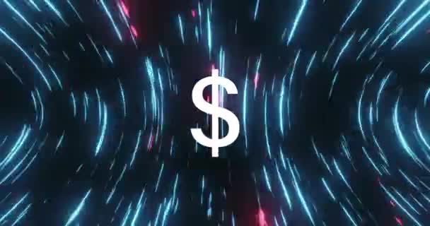 Animace Dolarového Symbolu Nad Zářícími Modrými Světelnými Cestičkami Vířícími Černém — Stock video