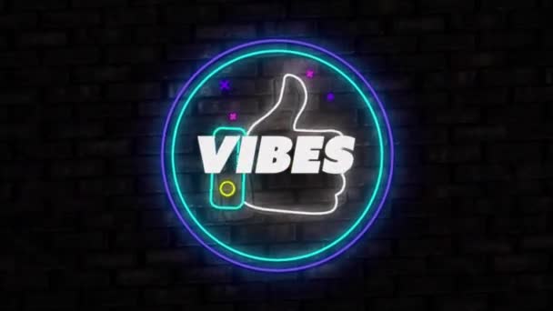 Animatie Van Vibes Tekst Als Icoon Neon Ronde Banner Tegen — Stockvideo