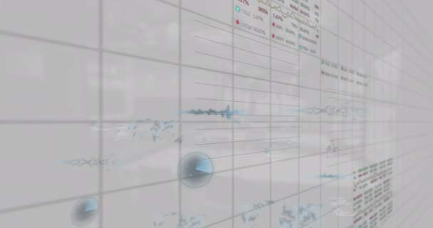 灰色の背景にグリッドネットワーク上の統計的および株式市場データ処理のアニメーション 世界経済とビジネスデータテクノロジーの概念 — ストック動画