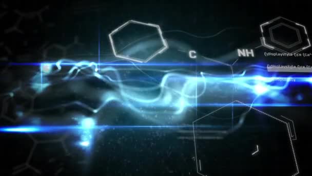 化学结构和蓝色数字波在黑色背景下的动画 医学研究和科学技术概念 — 图库视频影像