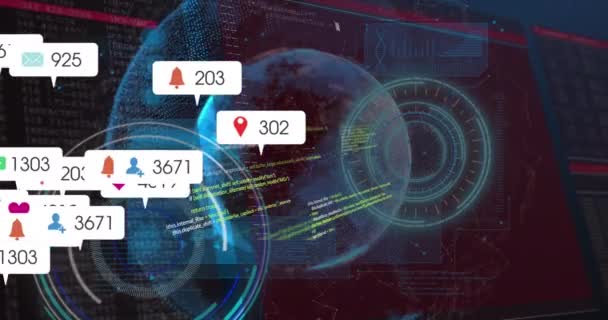 Animatie Van Social Media Iconen Ronde Scanners Dataverwerking Tegen Draaiende — Stockvideo