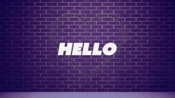 Animatie Van Kleurrijke Hello Tekst Banner Neon Hart Pictogram Tegen — Stockvideo