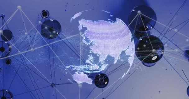 Animatie Van Draaiende Globe Verbindende Stippen Tegen Blauwe Gradiënt Achtergrond — Stockvideo