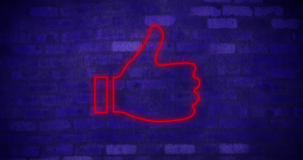 Tuğla Duvarda Kırmızı Neon Başparmaklar Simgesi Sosyal Medya Iletişim Dijital — Stok fotoğraf