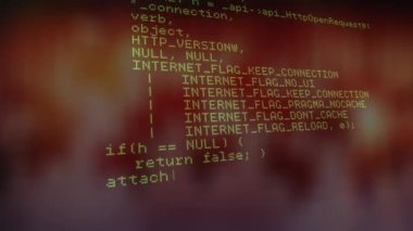 Soyut arkaplan ile bilgisayar dilini birleştirme animasyonu. Dijital olarak üretilmiş, hologram, illüstrasyon, kodlama, makine öğrenme ve teknoloji kavramı.