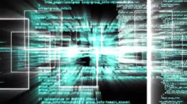 Siyah arkaplana karşı bilgisayar dilini döngüleyen karelerin animasyonu. Dijital olarak üretilmiş, hologram, illüstrasyon, aydınlatma, şekil, kodlama, soyut ve teknoloji konsepti.