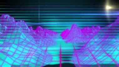 Işık noktalarının üzerindeki dijital dağların animasyonu. Sosyal medya ve dijital arayüz kavramı, dijital olarak oluşturulmuş video.