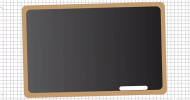 Okul çocuğunun animasyonu, kitap, tebeşir ve yazı tahtası simgesi kare çizgili kağıdın arka planında. Okul ve eğitim kavramı