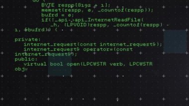 Lenslerin üzerinde döngü bilgisayar dilinin animasyonu siyah arkaplan karşısında parlıyor. Dijital olarak üretilmiş, hologram, illüstrasyon, aydınlatılmış, soyut, kodlama ve teknoloji konsepti.