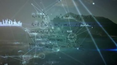 Veri işleme ve peyzaj üzerindeki matematiksel denklemlerle bağlantı ağının animasyonu. Küresel iş ve dijital arayüz kavramı, dijital olarak oluşturulmuş video.