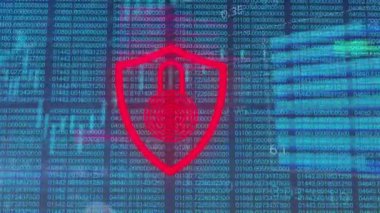 Mavi arka planda veri işleme üzerine asma kilit ve kalkan simgesi animasyonu. Siber güvenlik ve iş teknolojisi kavramı