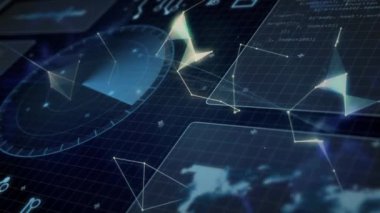 Veri işleme ile arayüzün animasyonu ve siyah arkaplana karşı plexus ağlarının küresi. Bilgisayar arayüzü ve iş ağı teknolojisi kavramı