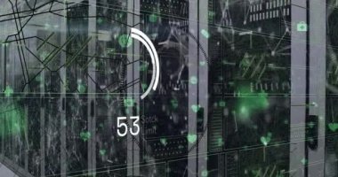 Sunucu odasındaki yükleme çemberleri, dünya, bilgisayar dili, bağlantılı noktalar ve simgelerin animasyonu. Dijital bileşik, çoklu pozlama, küreselleşme, iletişim, ilerleme, ağ sunucusu.