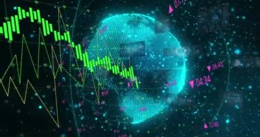 Yuvarlak tarayıcıların animasyonu ve dönen küre ve mavi parlayan noktalar üzerinde veri işleme. Küresel ağ ve iş veri teknolojisi kavramı