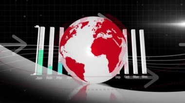 Dönen kürenin animasyonu, veri işleme, siyah arkaplana karşı ışık noktası ve ok simgeleri. Küresel ağ ve iş teknolojisi kavramı