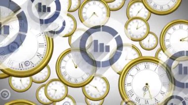 Grafik simgelerinin grafiksel arkaplandaki düşme saatine göre canlandırılması. Dijital olarak üretilen hologram, illüstrasyon, zaman, rapor, iş dünyası, soyut ve teknoloji kavramı.