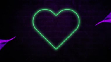 Duvarın arkasında neon yeşil kalp ikonu ve mor dijital dalga animasyonu. Sosyal medya ağı ve iş teknolojisi kavramı