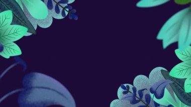 Mavi arkaplanda kopya alanı olan çiçek ve yaprakların animasyonu. Soyut arkaplan ve şablon kavramı, dijital olarak oluşturulmuş video.