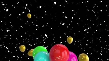 Siyah arka planda balonların üzerine düşen konfeti animasyonu. Parti ve kutlama konsepti, dijital olarak oluşturulmuş video.