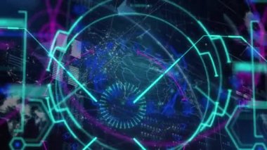 Yuvarlak tarayıcı ile arayüzün animasyonu ve pleksus ağlarının dünya ile veri işlemesi. Küresel ağ ve iş arayüzü teknolojisi kavramı