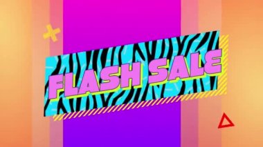 Renkli arkaplan ve şekiller üzerinde flash satış metninin animasyonu. Sosyal medya ve dijital arayüz kavramı, dijital olarak oluşturulmuş video.