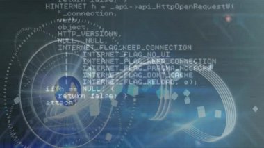 Çemberler üzerinden bilgisayar dilinin animasyonu ve soyut arkaplana karşı dalga deseni. Dijital olarak üretilen hologram, illüstrasyon, kodlama, şekil, makine öğrenme ve teknoloji kavramı.