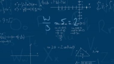 Mavi arkaplan üzerinde matematiksel denklemlerin animasyonu. Küresel eğitim ve dijital arayüz kavramı, dijital olarak oluşturulmuş video.