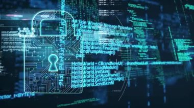 Bilgisayar dilinde siyah arka plana karşı asma kilitte devre kartı deseninin animasyonu. Dijital olarak üretilmiş, hologram, illüstrasyon, koruma, kodlama ve teknoloji konsepti.