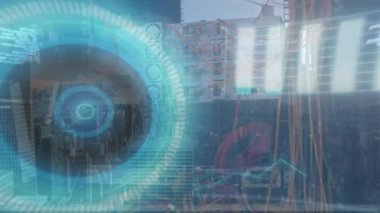 Servis rafının arkasında radar, grafikler, ses dalgaları ve bilgisayar dili animasyonu var. Dijital bileşik, çoklu pozlama, rapor, iş, sonar, ağ, teknoloji ve ağ sunucusu.