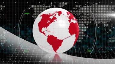 Dünya üzerinde veri işleme animasyonu ve kara arka planda dünya haritası. Küresel iş ve dijital arayüz kavramı, dijital olarak oluşturulmuş video.