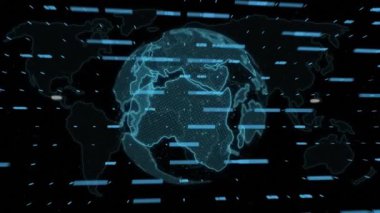 Dönen dünya üzerinde finans animasyonu ve kara arka planda dünya haritası. Küresel finans ve iş teknolojisi kavramı